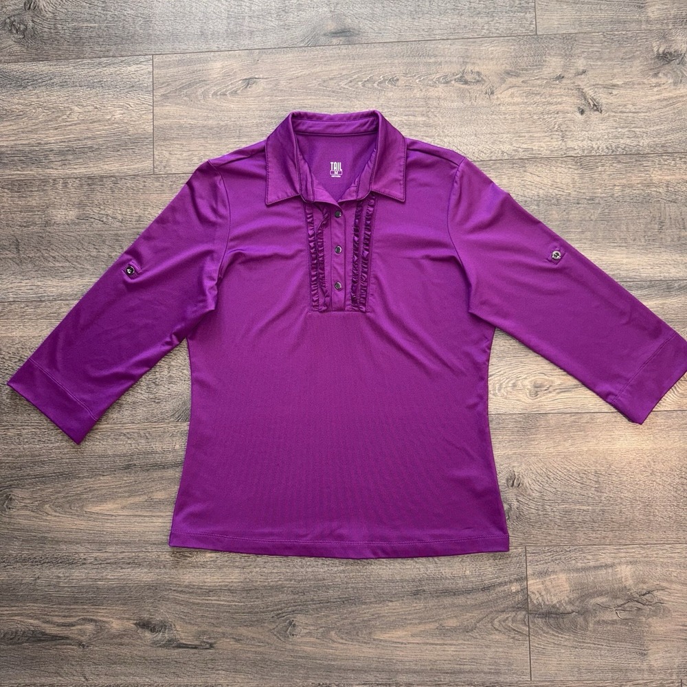 Tail Women's Medium Ruffle Blouse Stretchy Retro Purple Top Party Work Y2K Shirt